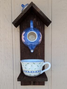 Rustic Wooden Handmade Teapot Bird Feed Blue And Pink Tea Time